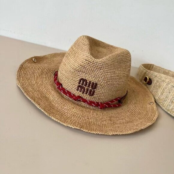 Women Red Accent Miu Miu Hat | Woven Raffia Summer Essential Straw Hat - Picture 5 of 8